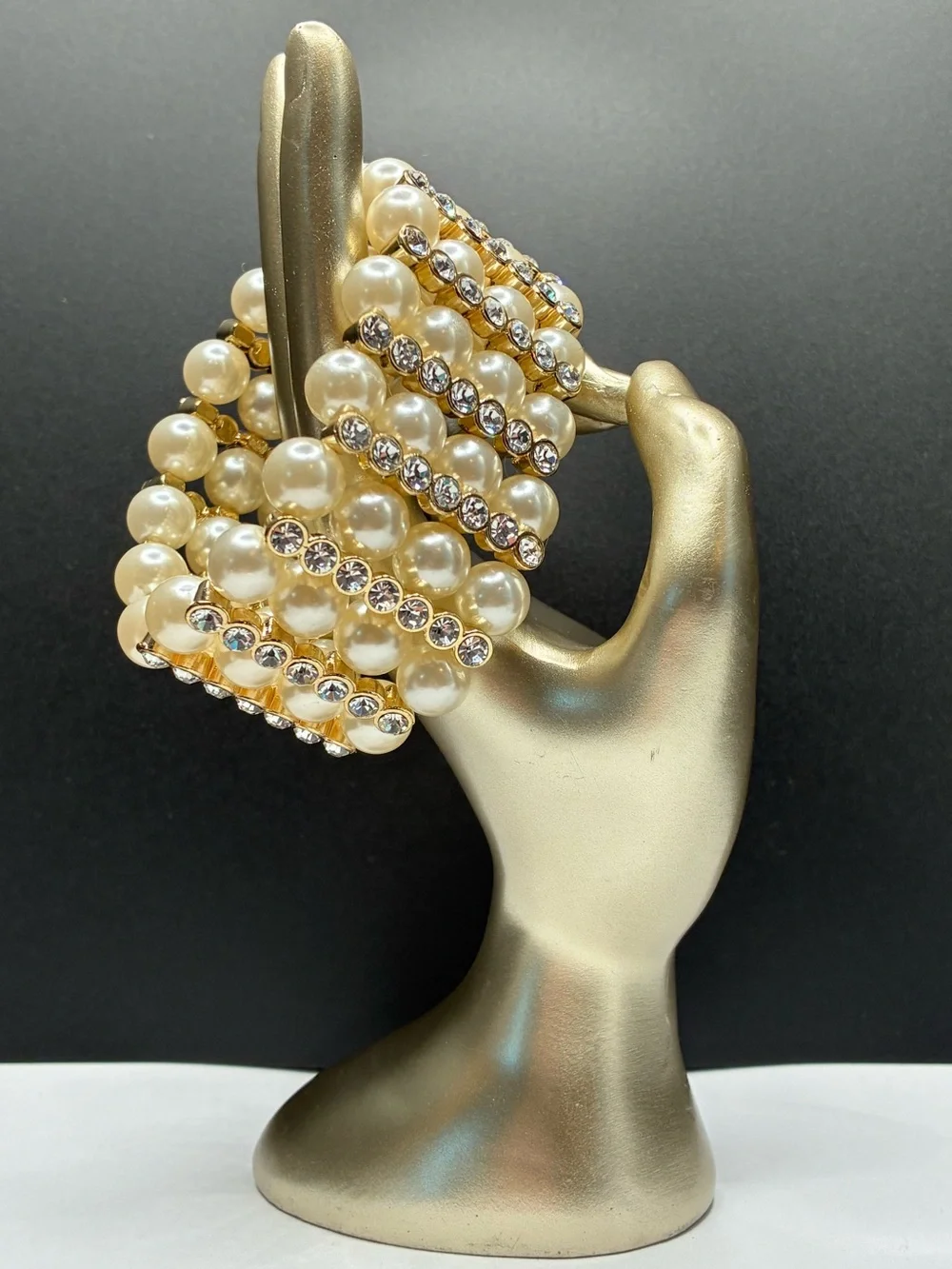 Stunning Cuff Style Pearl & Crystal Gold Stretch Bracelet - Women Accessorie